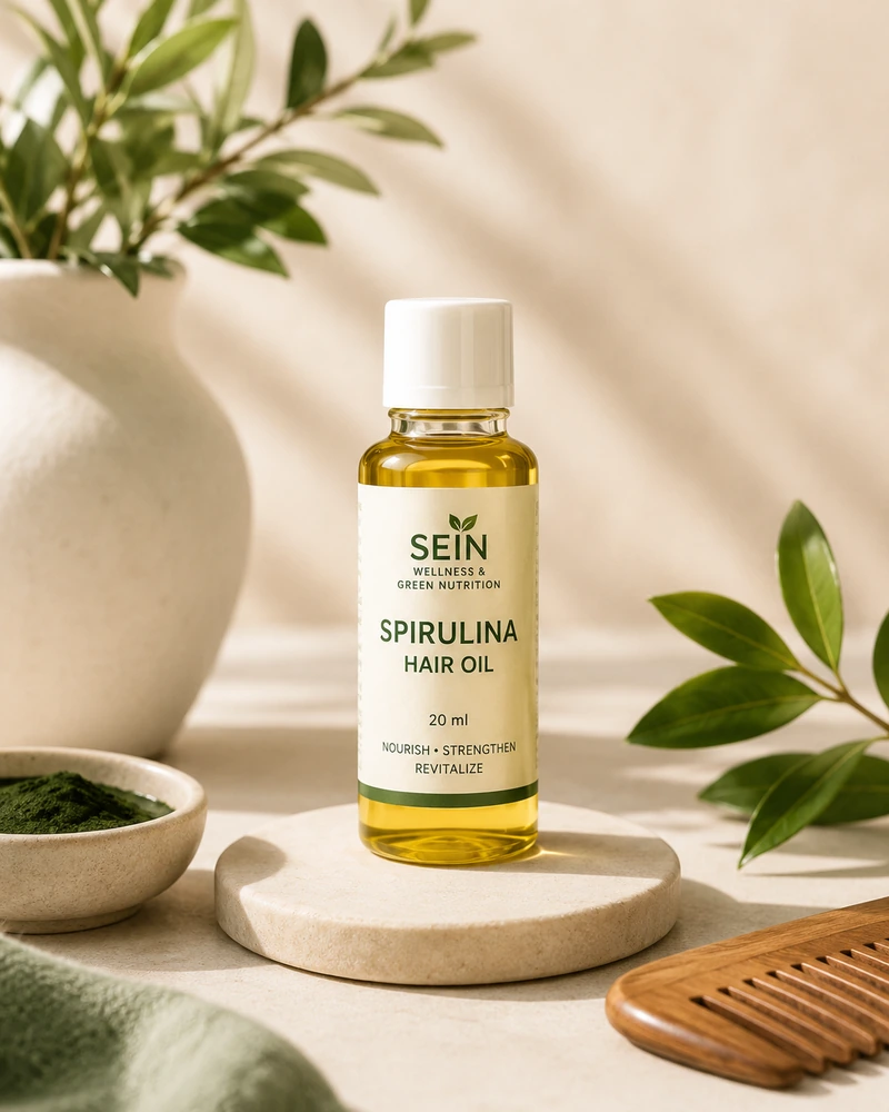 SEIN Wellness spirulina hair oil bottle with green label