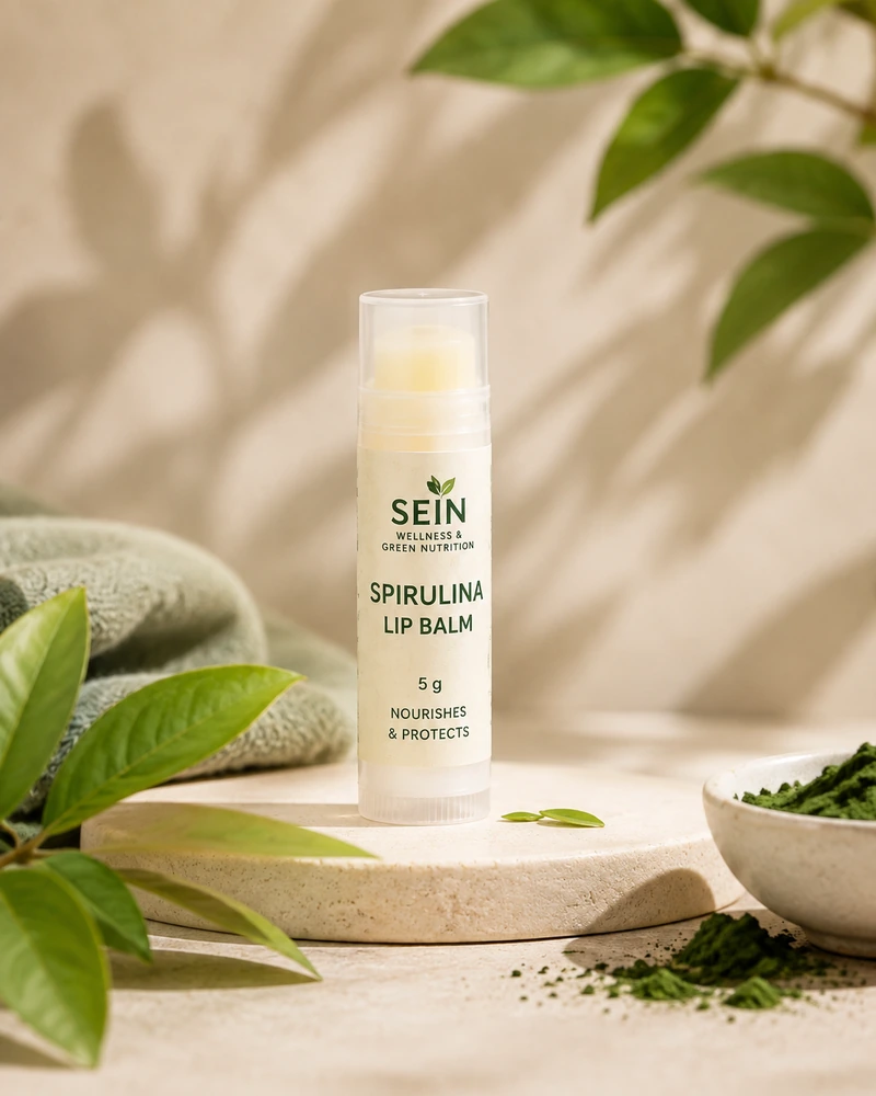 SEIN Wellness spirulina lip balm tube in compact green packaging