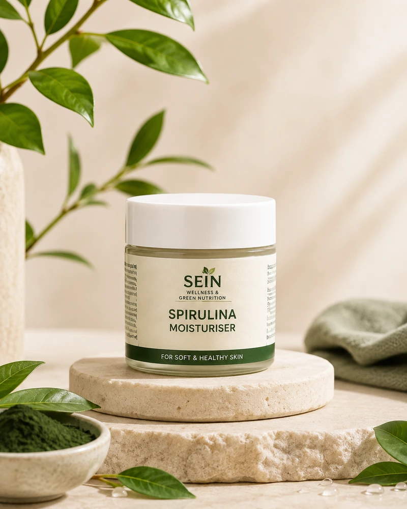 SEIN Wellness spirulina moisturiser jar on a natural green background