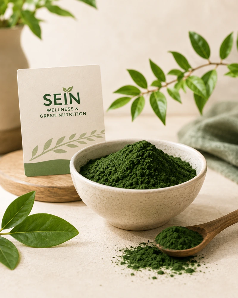 SEIN Wellness spirulina powder in a bowl with green botanical branding