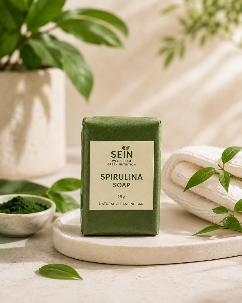 SEIN Wellness spirulina soap bar in green packaging