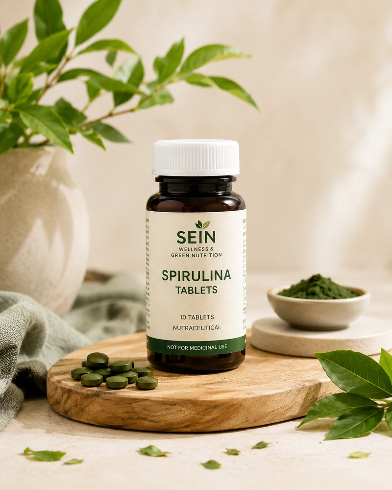 SEIN Wellness spirulina tablets bottle in green and kraft packaging