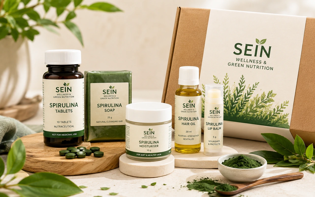 SEIN Wellness spirulina tablets, soap, moisturiser, hair oil and lip balm in a natural sample-kit presentation